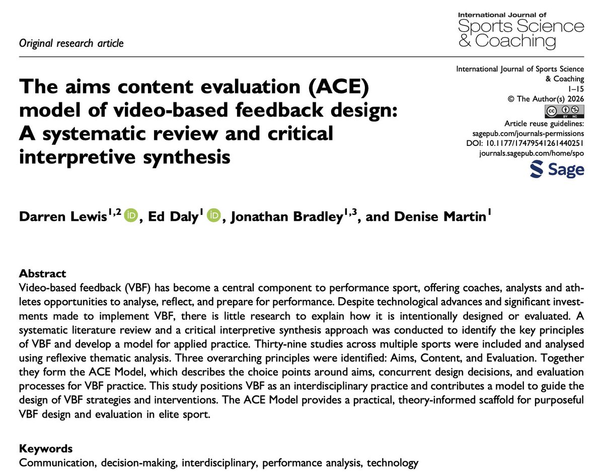 fhsperformance's tweet photo. Video-based feedback is commonly used in elite and sub-elite sport.

But how intentionally is it used and what are some of the most effective practices?

New research from Darren Lewis @codexanalysis
proposes the ACE model, a framework for designing video-based feedback sessions https://t.co/vygD6IDN9C