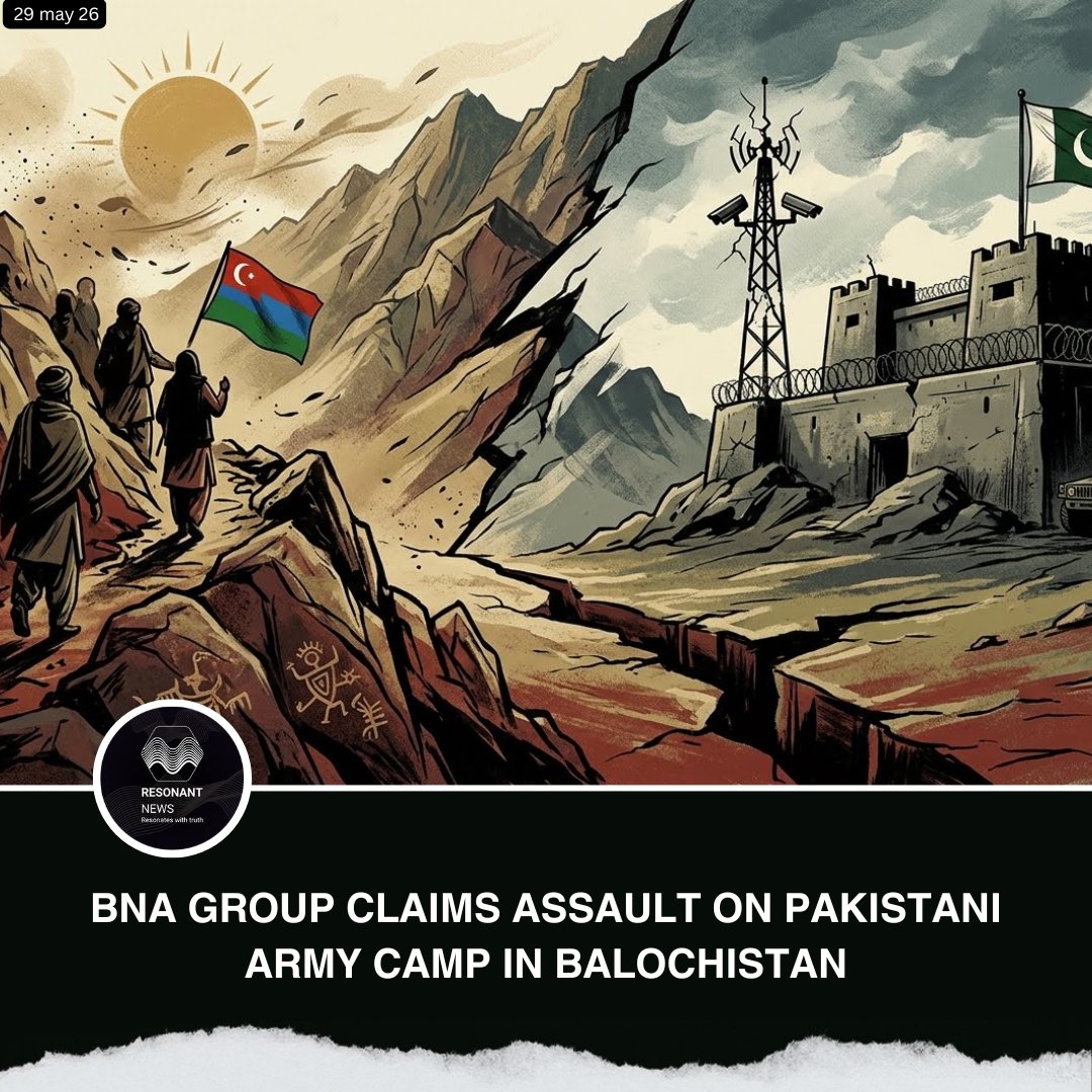 Resonant_News's tweet photo. 🔴BNA Group Claims Assault on Pakistani Army Camp in Balochistan

The banned Baloch separatist group Baloch Nationalist Army has claimed responsibility for an attack on a Pakistani military camp in the Gorkop area of Kech district in Balochistan.

According to the statement released by the group, its fighters allegedly targeted surveillance cameras installed on a Zong tower near the military camp before launching an assault using grenade launchers, automatic weapons, and heavy gunfire at around 1:30 PM local time.

The outfit claimed that the attack caused casualties and material damage to Pakistani security forces. However, there has been no independent verification or official statement from Pakistani authorities regarding the extent of the damage or any casualties.

The group further stated that its attacks against Pakistani security forces would continue.

Disclaimer: We do not endorse, support, or promote any militant, extremist, or separatist group or any acts of violence mentioned in this report. The information presented is for news and informational purposes only.