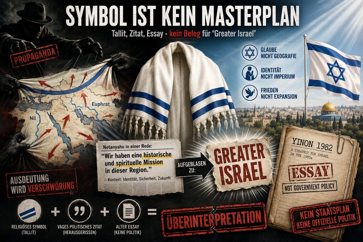 MikhaElTzaDiK's tweet photo. 2/4

Besonders hartnäckig ist die Behauptung, die zwei blauen Streifen der israelischen Flagge #IsraeliFlag stünden für Nil und Euphrat. Tatsächlich werden sie offiziell mit dem Tallit erklärt, dem jüdischen Gebetsschal. Aus einem Symbol jüdischer Identität #JewishIdentity wird seit Jahrzehnten ein angeblicher Hinweis auf Expansion gebastelt. Aus Gebet wird Geopolitik, aus Symbolik wird Verdacht. Solche Deutungen brauchen eben Bastelmaterial.

Benjamin Netanyahu sagte im August 2025 in einem i24NEWS Interview, er fühle sich einer historischen und spirituellen Mission verbunden. Seine Aussage wurde von manchen als Zustimmung zur Vision eines „Greater Israel“ #GreaterIsrael gelesen. Diese Deutung ist politisch relevant und kritikwürdig, gerade weil solche Formulierungen Gegnern Israels Munition liefern. Ein belastbarer Beleg für konkrete Expansionspolitik oder einen offiziellen israelischen Regierungsplan, Nachbarstaaten zu erobern oder ein Reich bis zum Euphrat zu errichten, ist sie aber nicht.

Auch der sogenannte Oded Yinon Plan von 1982 wird in diesem Zusammenhang immer wieder angeführt. Tatsächlich handelt es sich um einen strategischen Essay, nicht um beschlossene israelische Regierungspolitik. Yinon skizzierte Überlegungen zur Schwächung arabischer Staaten durch innere Konflikte und regionale Bruchlinien. Das kann man kritisieren, einordnen und problematisch finden. Aber den Text als geheimen Masterplan des Staates Israel darzustellen, ist eine klare Überdehnung. Kein israelisches Kabinett hat diesen Essay als Regierungsprogramm übernommen.

Ein zentraler Punkt wird in der Debatte häufig verwischt: der Unterschied zwischen „Eretz Israel“ #EretzIsrael als historisch religiösem Begriff und dem modernen Staat Israel als realem Völkerrechtssubjekt. Religiöse Sprache, historische Erinnerung und nationale Identität sind nicht automatisch ein militärisches Regierungsprogramm. Genau diese Vermischung ist der Trick hinter vielen Greater Israel Erzählungen. Man nimmt religiöse Begriffe, übersetzt sie in politische Absichten und verkauft das Ergebnis dann als Enthüllung.

Auch Israels Gründungsdokument spricht nicht von einem Eroberungsfeldzug gegen die Region. Die Unabhängigkeitserklärung von 1948 bot den Nachbarstaaten Frieden, gute Nachbarschaft und Zusammenarbeit an. Das passt schlecht zu der Behauptung, Israel sei von Beginn an als Expansionsprojekt bis Nil und Euphrat angelegt gewesen. Ein Staat, der angeblich seine Nachbarn verschlingen will, startet seine Existenz eher selten mit einem offiziellen Friedensangebot an eben diese Nachbarn.  [...] ⏬️