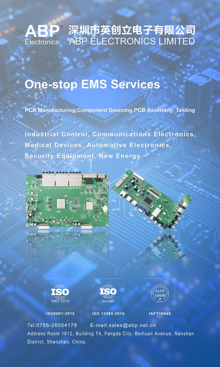 ABP_ELECTRONICS's tweet photo. We deliver high-quality PCB manufacturing, component sourcing, assembly, and testing services for demanding industries.
Trusted in: Industrial Control | Communications Electronics | Medical Devices | Automotive Electronics | Security 
#EMSServices #PCBA #ElectronicsManufacturing https://t.co/YG0XLGShsZ