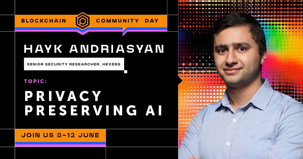 BlockchainProfs's tweet photo. How do you protect data when AI becomes your core infrastructure layer?

At Blockchain Community Day 2026, Hayk Andriasyan (Senior Security Researcher at @hexens) breaks down the technical vectors of AI vulnerabilities.

Key focuses: 
▪️ Attack surfaces (Inference, Inversion, Extraction) 
▪️ Leakages in RAG systems 
▪️ Defense mechanisms: Differential Privacy, FHE, Federated Learning & ZK proofs

📅 June 8–12, 2026 | 🌍 Online 

🔗 Secure your spot: https://t.co/hI2xeBIeDR