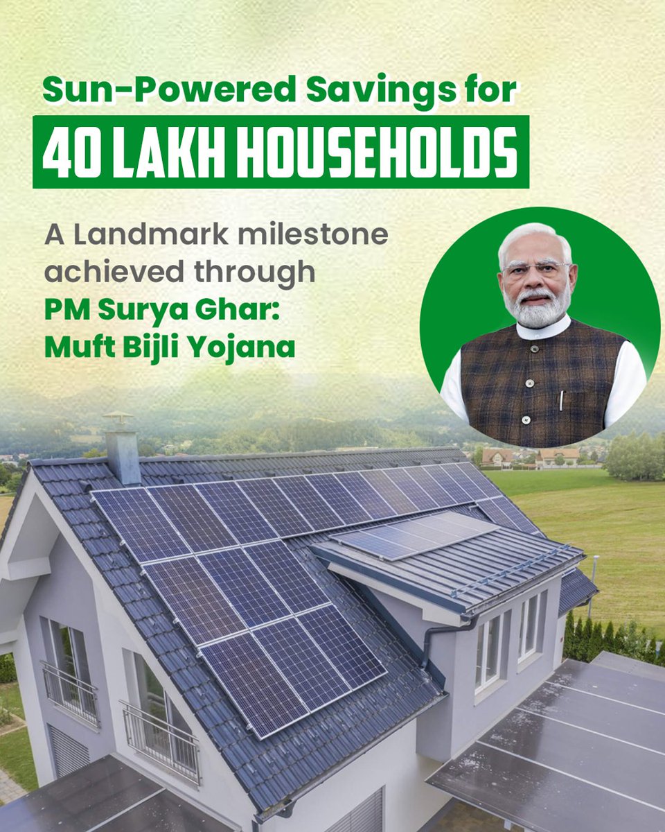 Byte_Books's tweet photo. India’s journey towards Zero Electricity Bills is gaining unstoppable momentum. 

Through @PMSuryaGhar Muft Bijli Yojana, 40 lakh families are now embracing rooftop solar under the leadership of Hon’ble PM Shri @narendramodi Ji.

#40LakhsPMSuryaGhar https://t.co/BWBK4l7e8H