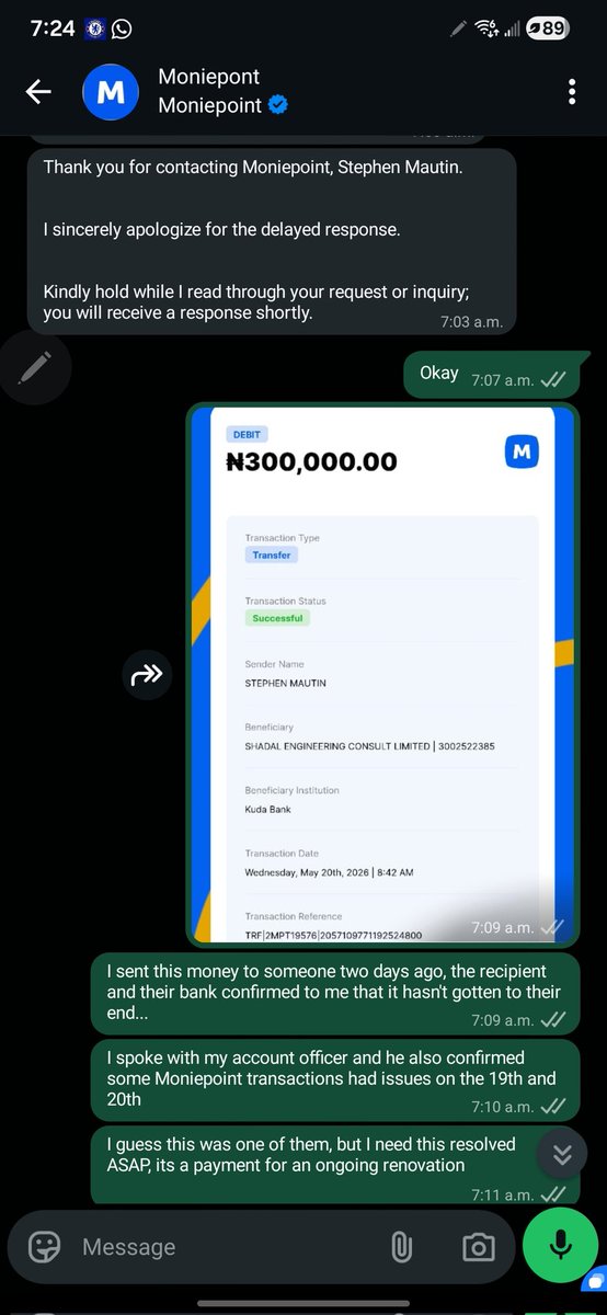sewanituam's tweet photo. @moniepointng 
Please, what's going on with my money???
Transaction since the 20th, beneficiary yet to be credited, money not refunded...
Reached out several times and all I've been getting is, we're working on it... really??? It's over a week, I need the money ASAP! https://t.co/5pICjjEB6e