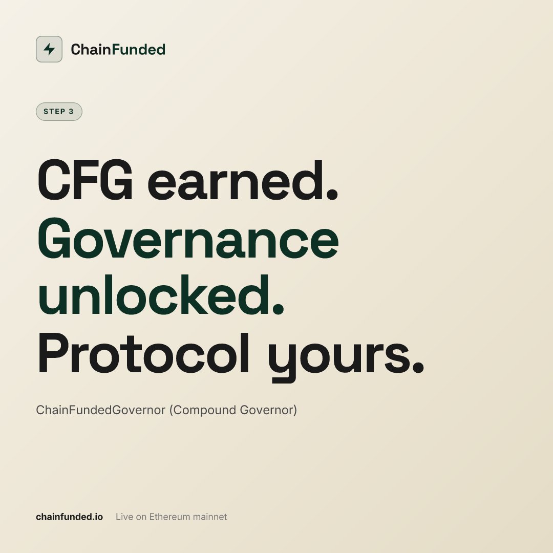 Chainfunded_io's tweet photo. CFG feeds into ChainFundedGovernor — Compound Governor architecture. Your stake today is a vote weight tomorrow. LPs who stay in longer across seasons accumulate more governance surface https://t.co/4mculj11fK
