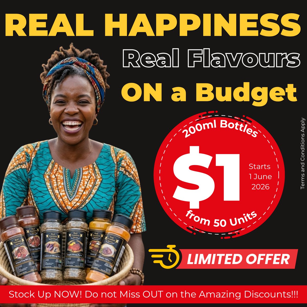 rps_global's tweet photo. Imagine winter getting warm! Chando kupisa chaiko! 📷📷We are bringing you Real Deals and Real Happiness on a Budget! Your favourite #RealPremiumSpices bottles are now running on a massive promotion for JUST $1 EACH (except for a few selected items)!  Starting 1 June 2026! https://t.co/1t416DX9gd