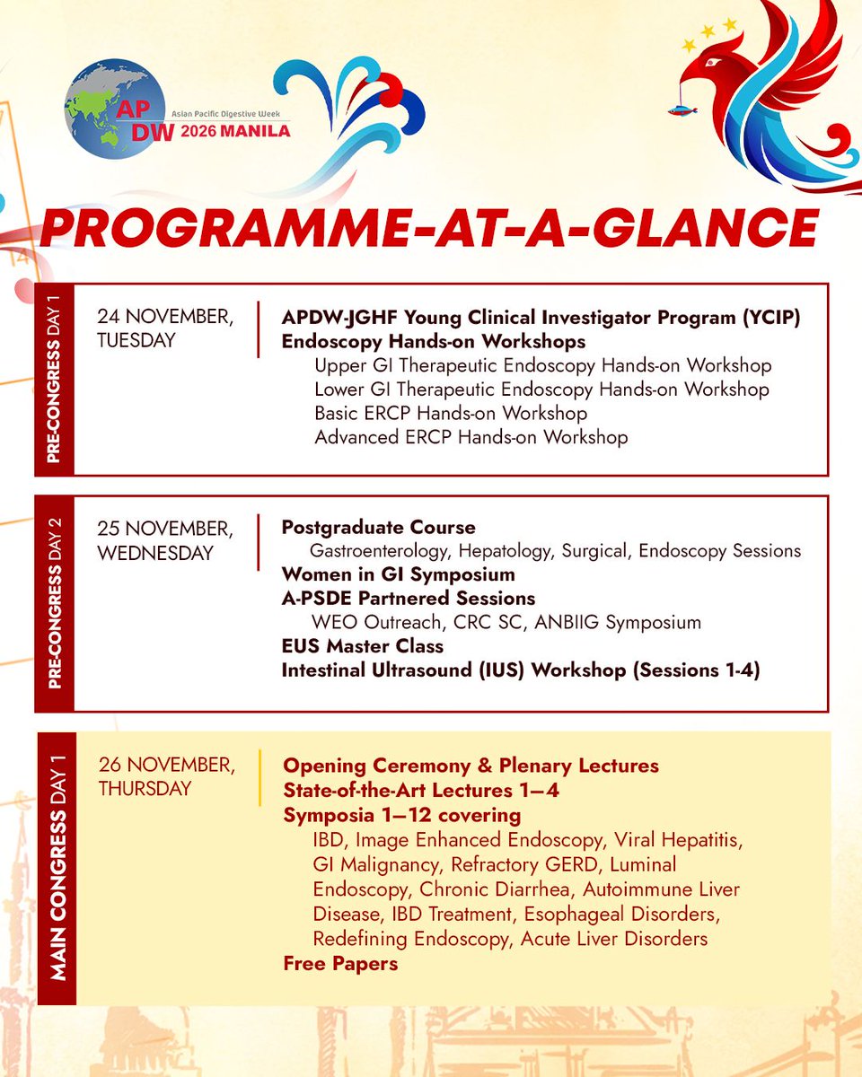 apdw2026manila's tweet photo. 📅 Mark your calendars for APDW 2026 Manila 🇵🇭​

Join global experts for 5 days of GI education, hands-on workshops &amp; live endoscopy demos.​
​
📍 PICC, Manila​
🗓️ 24–28 Nov 2026​
​
🌐 https://t.co/Y1kqoydrk2​

#APDW2026 #APDWManila #Gastroenterology https://t.co/aDL6QCwsbG