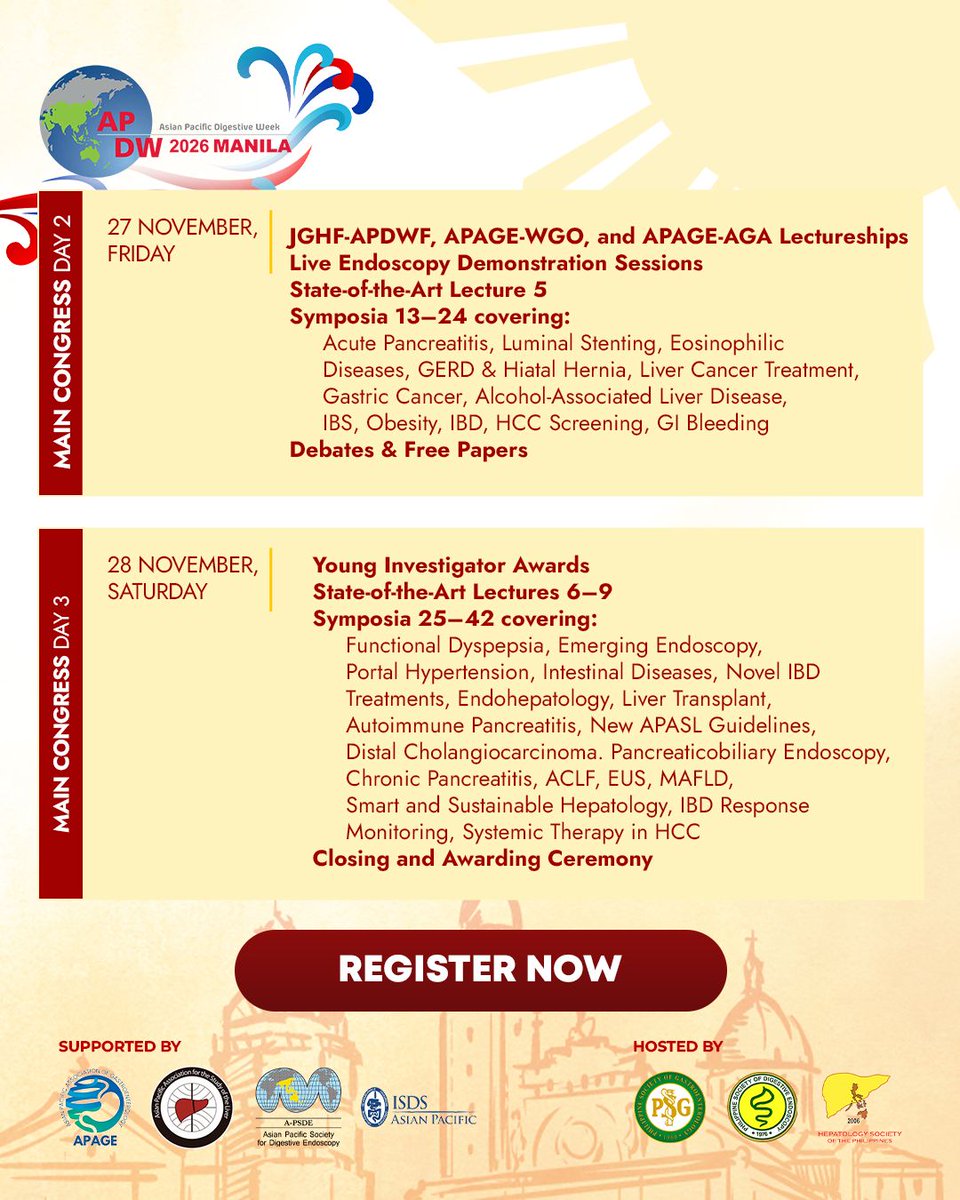 apdw2026manila's tweet photo. 📅 Mark your calendars for APDW 2026 Manila 🇵🇭​

Join global experts for 5 days of GI education, hands-on workshops &amp; live endoscopy demos.​
​
📍 PICC, Manila​
🗓️ 24–28 Nov 2026​
​
🌐 https://t.co/Y1kqoydrk2​

#APDW2026 #APDWManila #Gastroenterology https://t.co/aDL6QCwsbG