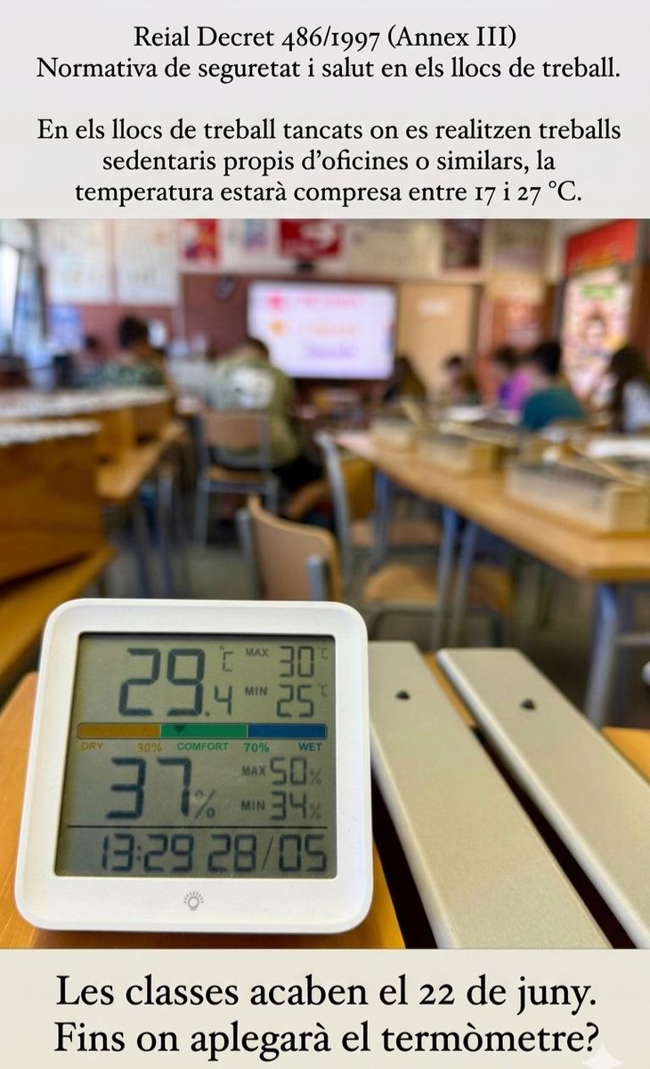 pepin1864176's tweet photo. @GVAinvassat, ¿cuál es la temperatura + humedad màxima en las aulas que debemos soportar?
@mcevoy_elx ¿Se entienden así mejor las reivindicaciones del profesorado valenciano? ¿Qué pasará cuando empiecen a haber lipotimias, desmayos, etc.?
@STEPV_Iv, @ccoopv, @UGTPV https://t.co/0x0krRNpPO