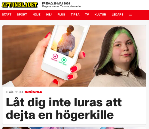 BorisBenulic's tweet photo. FRÅN GASELL TILL INCEL
AB:s ledarskribent Samael Atlagic vill varna alla “vänstertjejer” från att dejta “högerkillar” och förklarar för sina systrar att:
“Det finns ett överskott av osköna grabbar med sunkig kvinnosyn. Kvinnor behöver inte dejta dem. Även om det känns omöjligt att hitta en vettig partner så måste du hålla kvar vid hoppet.
Om du vill ha en man med sunda värderingar ska du inte acceptera något annat.”
Jag gissar att vi här ser ett försök av Samael att hantera sin egen situation … en förväntad evig tillvaro på glasberget kan försvaras med att de flesta män är “osköna”.
Samael själv ser sig säkerligen som en i alla avseenden “skön” kvinna – både till det inre och det yttre; hon har ju till och med en neonlimegrön slinga i håret.
Vänsterns kvinnor har sedan 70-talet omvandlats till “vänsterns” kvinnor – vi ser en förändring från gasell till incel ... antagligen beror det på att de inte längre är verklig vänster utan deras inre omvandling till sippa liberala välgörenhetstanter efterhand format deras yttre.