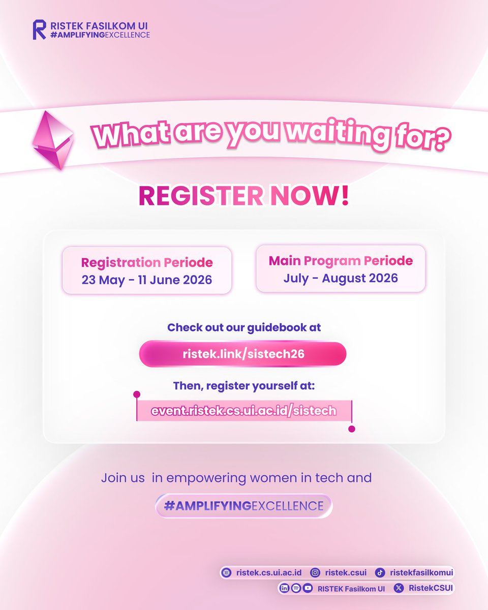 RistekCSUI's tweet photo. Welcome to SISTECH 2026.

A FREE mentorship program designed to empower women across Southeast Asia.

Interested?

Check out @ristek.csui on Instagram for complete information.

What are you waiting for? Register now! 🚀

#SISTECH2026 #WomenInTech https://t.co/gH6LazLtwg