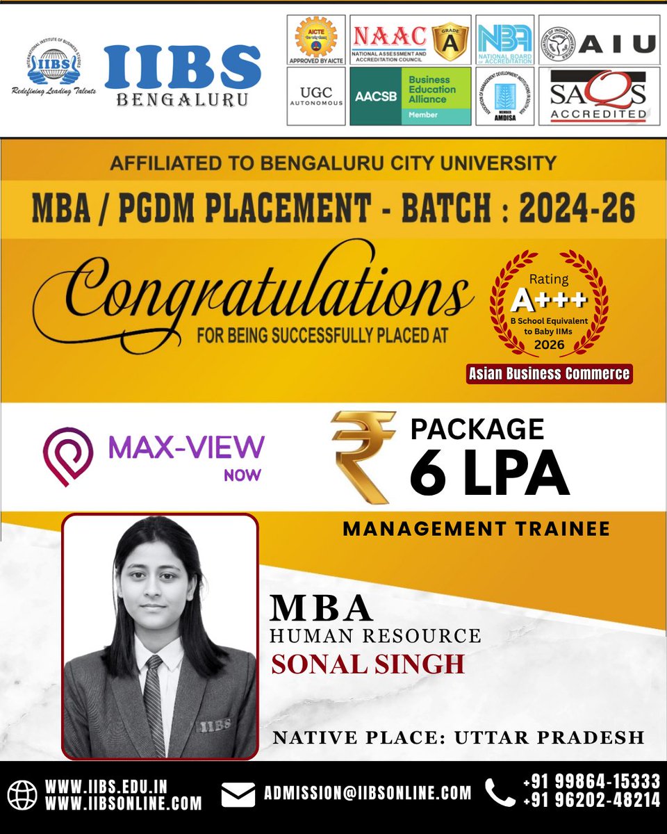 iibsonline's tweet photo. Heartiest Congratulations! 🎉

MBA/PGDM Campus Placement | Batch 2024–26

We are proud to congratulate Sonal Singh, MBA – #HR, on securing a prestigious campus placement at #Maxview as a Management Trainee.

#PlacementSuccess #ProudMoment #PGDM #IIBSBengaluru #CareerGrowth https://t.co/F8D2tPTtS8