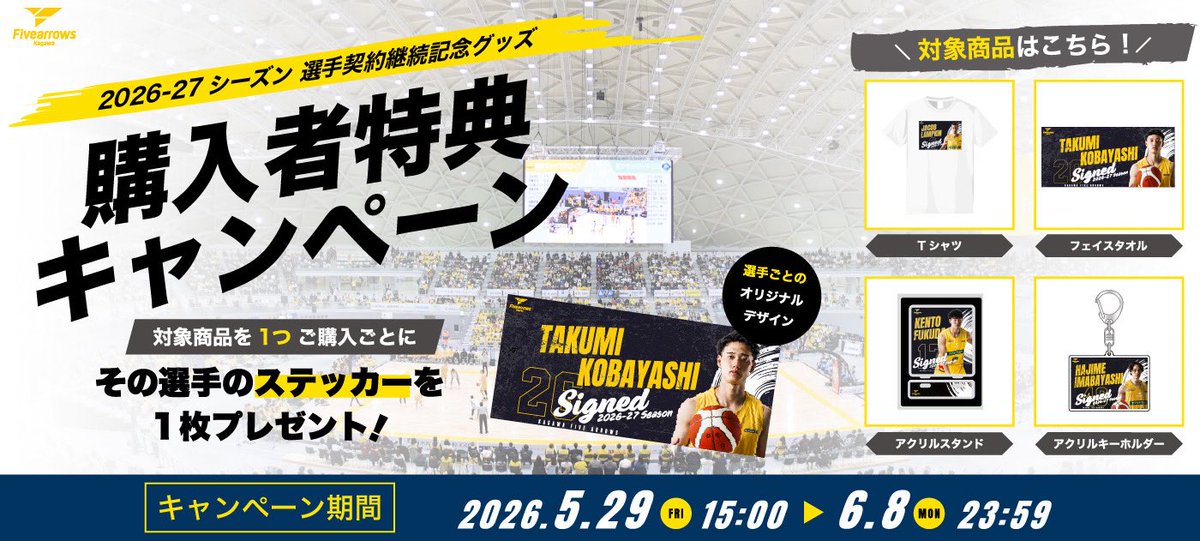 fivearrows_K's tweet photo. 🔥2026-27シーズン 選手契約継続記念グッズ🔥
「共に、旅を続けよう」シリーズ販売決定！

選手ごとのオリジナルデザインで登場👏
今シーズンも共に戦う選手たちの記念グッズをチェック！

🛒販売商品
・Tシャツ
・フェイスタオル
・アクリルスタンド
・アクリルキーホルダー

さらに！
対象商品を1つご購入ごとに、その選手デザインのオリジナルステッカーを1枚プレゼント🎁

📅販売期間
5/29(金)15:00 �� 6/8(月)23:59

▼オンラインショップはこちら
https://t.co/ubkLyIxX5M

#香川ファイブアローズ
#ジェイコブ・ランプキン
#福田健人
#小林巧
#今林萌