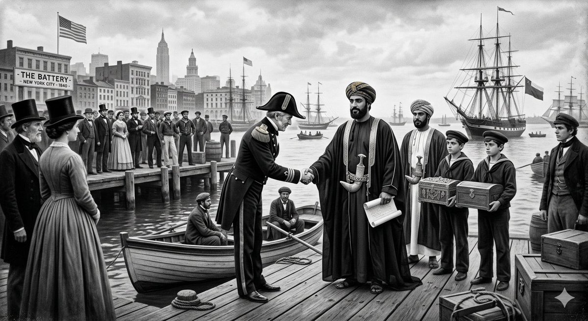 8T_0T's tweet photo. 186 years ago, the #Omani Empire made history by sending the first Arab ambassador to America, bearing gifts from Sultan Said. An empire of this profound depth and dignity transcends passing political figures like #Trump. True legacy endures; the rest is just noise. https://t.co/aQkZvryfp2