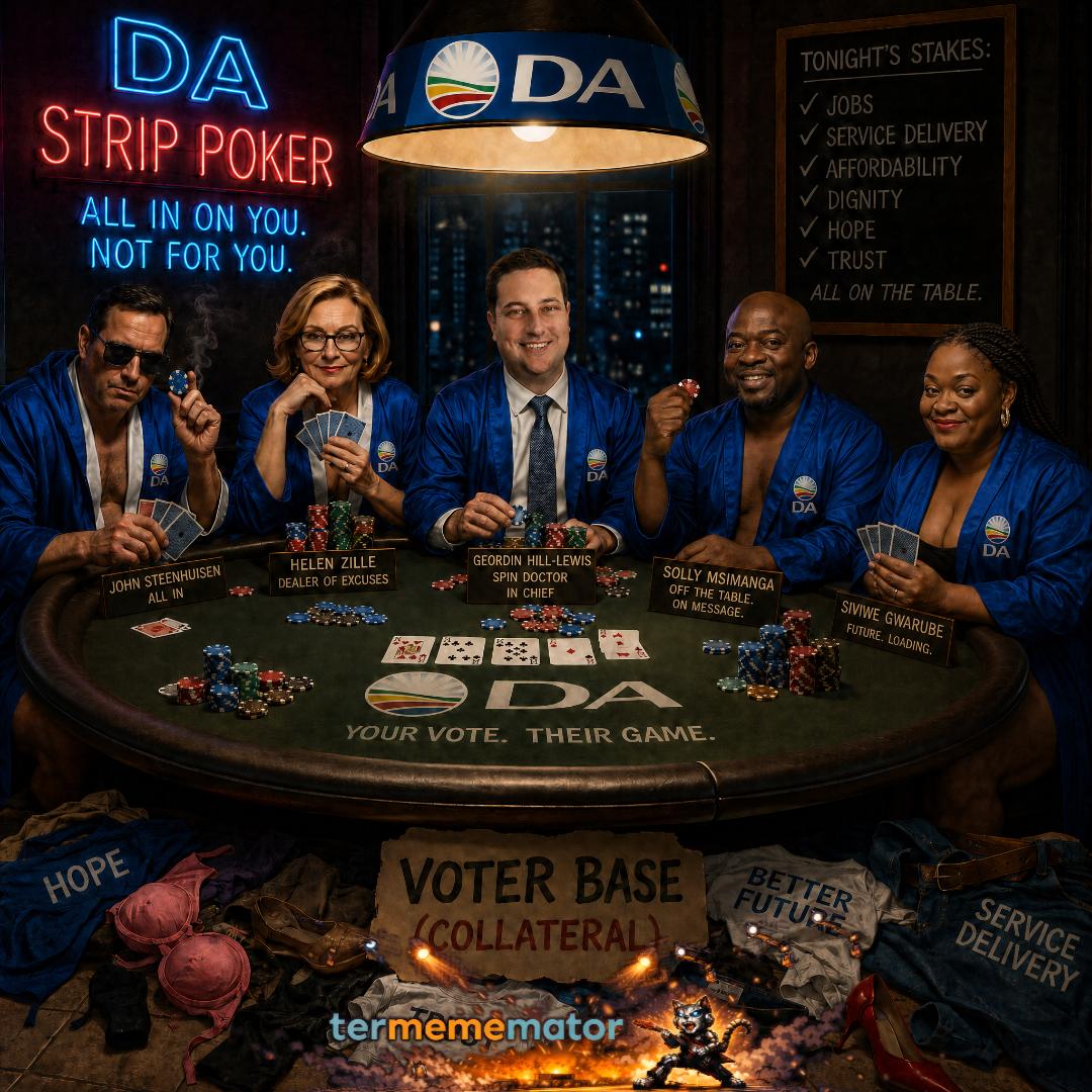 termememators's tweet photo. New song released 
🎸Strip Poker | Political Shenanigans | Democratic Alliance
https://t.co/1Pp6vt1w6q

A darkly satirical political artwork depicting a high-stakes “strip poker” game where arrogance, spin, and political ego take center stage. Set in a neon-lit casino atmosphere, prominent Democratic Alliance figures sit around a poker table gambling with “trust,” “hope,” “service delivery,” and the future of voters as collateral. The image uses symbolism, sarcasm, and cinematic tension to criticize political posturing, empty promises, and elite detachment from ordinary citizens. A bold visual metaphor for voters feeling like chips in a dangerous political game.