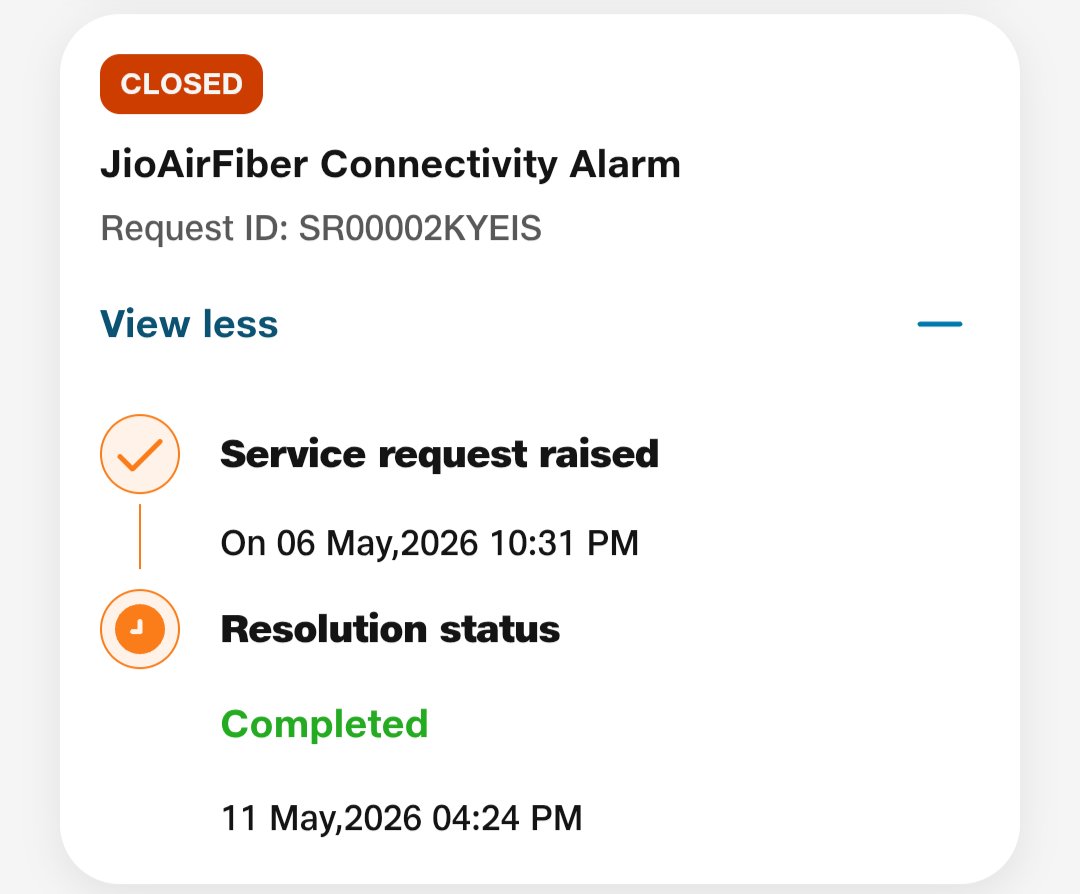 Shubhashu_'s tweet photo. @JioCare Complaint SR00002KYEIS was raised on 6 May and resolved on 11 May. That's 5 days of delay, yet I'm being denied any rent rebate, claiming there was no delay from Jio's side. How is this fair to customers? 
#JioAirFiber #CustomerService https://t.co/zjE2MtKxgf