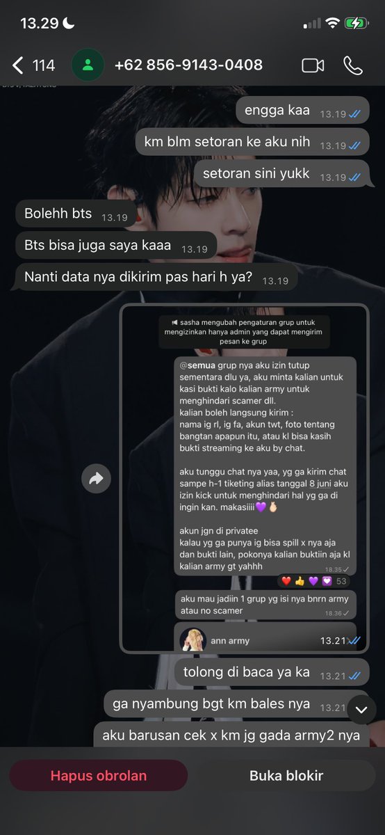 vntextae's tweet photo. guys hati hati ya kalau kalian nemuin akun ini dan no wa ini, bisa di baca isi chat aku sama dia tdi. bener bener ga nyambung bgt😔
jelas jelas gua open grup bts konser bukan grup cari JASA WAR TIKET buat konser lain.

no telp 085691430408
rociox5454 https://t.co/cb2U4h9I52