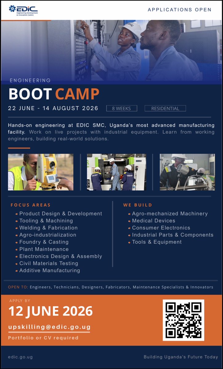 NsteiSep's tweet photo. The problem isn’t talent. It’s exposure gap.

Too many brilliant engineers, fabricators, technicians, and innovators leave school without ever touching industrial-grade equipment, solving real manufacturing challenges, or working inside a production ecosystem.

That gap is exactly why the EDiC Engineering Boot Camp exists.

This is not another classroom program.
It is an industry-driven engineering experience designed to bridge the space between technical knowledge and industrial application.

At EDiC, we believe industrial transformation starts with building practical capability. That means creating engineers who can design, prototype, fabricate, troubleshoot, maintain, innovate, and manufacture solutions that respond to Uganda’s real needs.

The Boot Camp directly supports EDiC’s mission of:
⚙️ Strengthening local manufacturing capabilities.
⚙️ Building industry-ready technical talent.
⚙️ Accelerating innovation commercialization.
⚙️ Creating a generation of solution-oriented engineers.

Participants will work in a live manufacturing environment alongside practicing engineers using advanced industrial systems, tools, and processes, the kind of exposure that transforms potential into competence.

Because the future of engineering belongs to people who can BUILD.

If you are serious about manufacturing, product development, fabrication, industrial systems, or deep-tech innovation, this is your lane.

Applications are now open.

📅 Deadline: 12 June 2026
📧 Apply: send your CV/portfolio to upskilling@edic.go.ug)
🌐 visit https://t.co/yohoPd5nwi for more info

#EDiC #EngineeringUgandasFuture #Industrialization #ManufacturingUG #EngineeringBootCamp  #Innovation #SkillsDevelopment #MadeInUganda #Engineering #Fabrication #STEM #ProductDevelopment #TechnicalSkills #DeepTech #IndustrialTransformation
