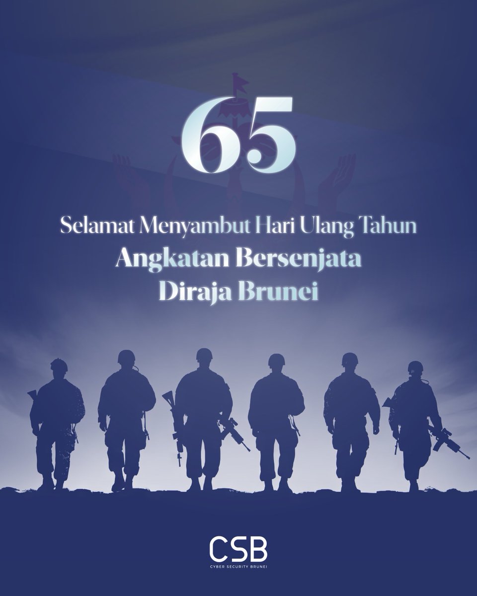 CSBgovBN's tweet photo. Cyber Security Brunei ingin mengucapkan Selamat Menyambut Ulang Tahun ke-65 kepada Angkatan Bersenjata Diraja Brunei (ABDB).

Semoga seluruh anggota ABDB sentiasa berada di bawah lindungan dan rahmat Allah Subhanahu Wata‘ala dalam menjalankan amanah menjaga keselamatan negara. https://t.co/oXgkOc04IZ