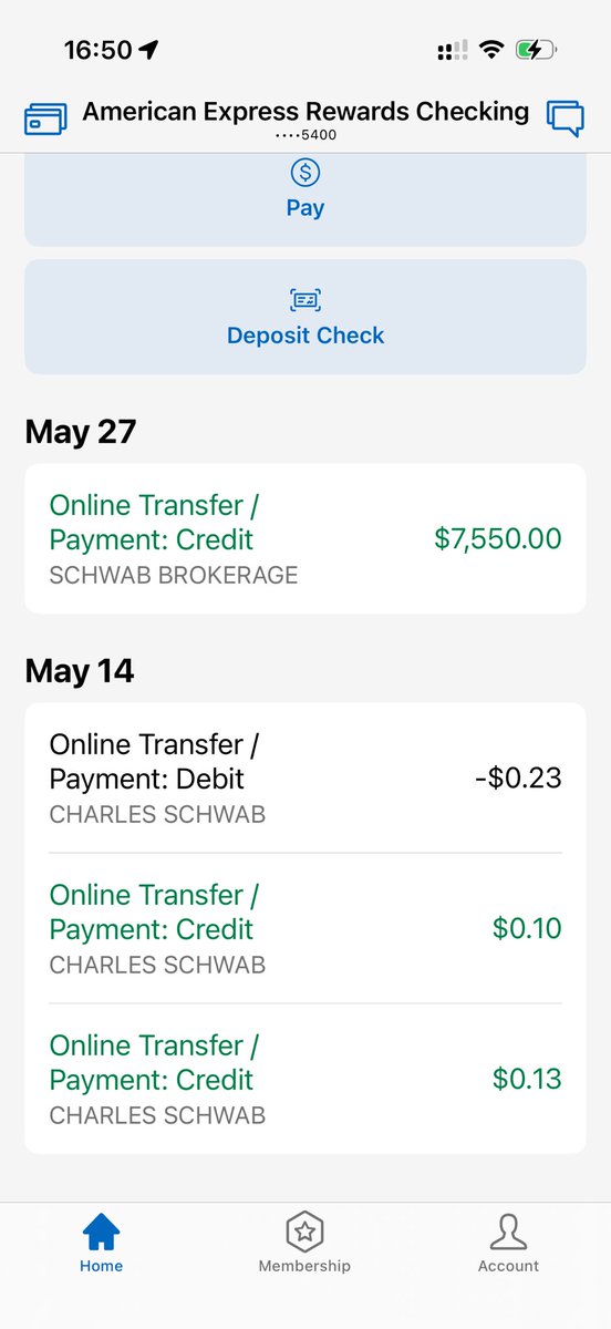 SisyphusCola's tweet photo. 新开的 Amex checking 用 Schwab Fake DD 了一笔，不知道 300U 开户奖励能不能到账 https://t.co/4TkakmUB6X