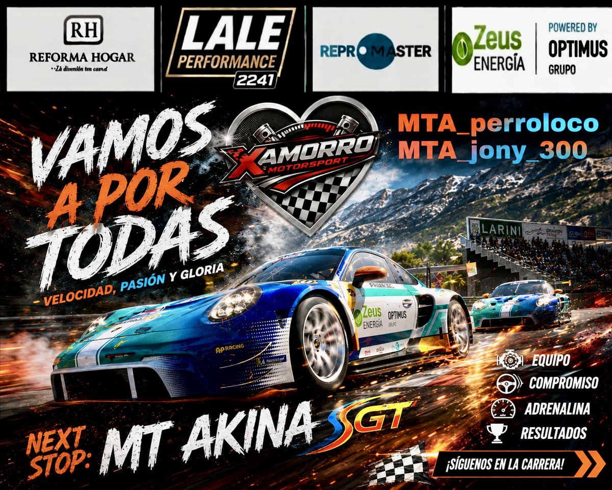 AKINAGT2025's tweet photo. Cuarta carrera en @GTWorldSR 

Dragon trail 

🔸@Mta_jony300 
🔸@perroloco_69 

📺 https://t.co/Qmbflg3zGJ
🎙️@XimoWorldGt 

Diseño 
👨🏻‍🎨@LaleCustom2241 

Cartel 
@_xamorro_ https://t.co/SAniBoNtVf
