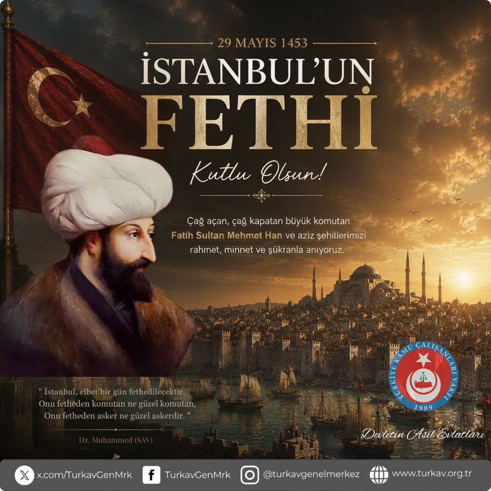 TurkavGenMrk's tweet photo. İstanbul’un Fethi kutlu olsun. İstanbul’u bizlere vatan kılan büyük hakan Fatih Sultan Mehmed Han’ı; onun yiğit askerlerini, Akşemseddin Hazretleri’ni, Ulubatlı Hasan’ı ve fethin bütün isimsiz kahramanlarını rahmetle, minnetle ve hürmetle yad ediyoruz. https://t.co/NN0vZNqtWI