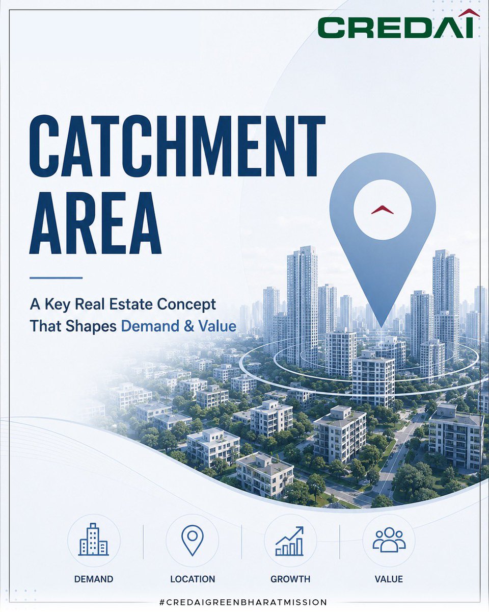 CREDAINational's tweet photo. In real estate, the concept of a catchment area plays a crucial role in determining a property’s demand and long-term value. It represents the geographic zone from which a project attracts its buyers or tenants, making it a key factor in evaluating location potential.

Elements such as connectivity, infrastructure development, accessibility, and surrounding amenities significantly influence the strength of a catchment area. These factors not only impact current demand but also shape future appreciation and investment returns.

For homebuyers and investors alike, understanding catchment dynamics enables more informed, strategic decisions—ensuring that investments are aligned with both present needs and future growth potential.

@CREDAIPresident | @BRustomjee | @gummi_ram | @DhavalAjmera | @bani_g_anand | @Kepee65PRAMOD | @shobhikgoyyal | @deepakkap09

#RealEstate101 #CREDAI #PropertyInsights
