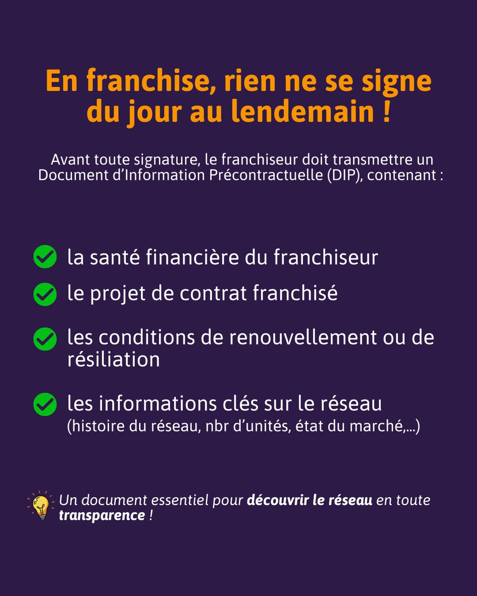Franchise_FFF's tweet photo. Contrat, DIP, engagement, Code de Déontologie Européen… 🤯
Se lancer en franchise peut soulever beaucoup de questions lorsqu’on découvre le fonctionnement du modèle. 

👉 Dans ce carrousel, découvrez les éléments clés à connaître avant de signer un contrat de franchise. https://t.co/Jg0jkYPNdz