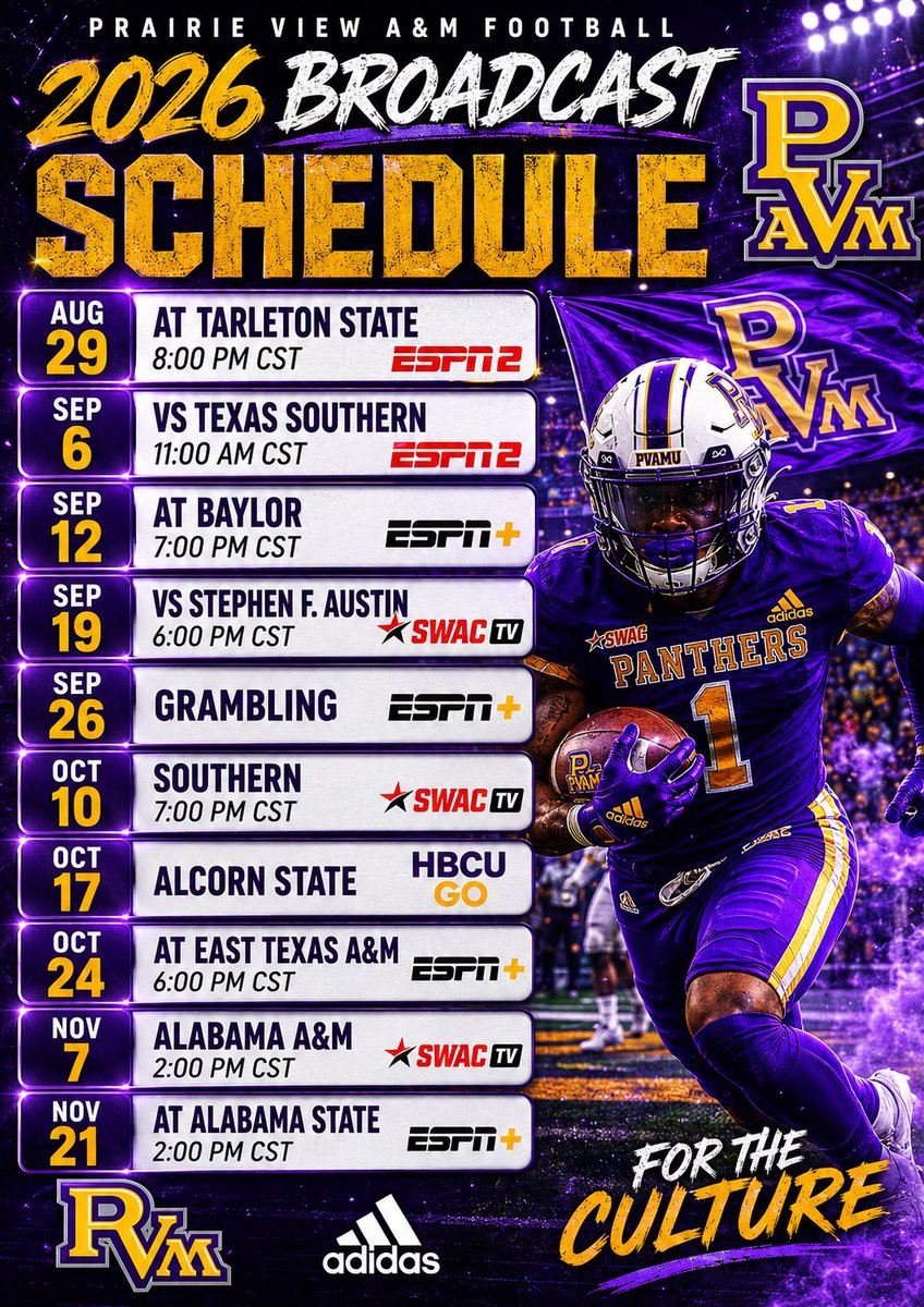 TerranceCFB's tweet photo. Prairie View will have six games on the ESPN platform, including its first two games against Tarleton State and Texas Southern on ESPN. That happens when you win and has coach who is always compelling.
@107Panther57195
@12thFan1876 
@defendernetwork 
@pvamufb_ 
@coachjack212 https://t.co/WWWCCS3mJt
