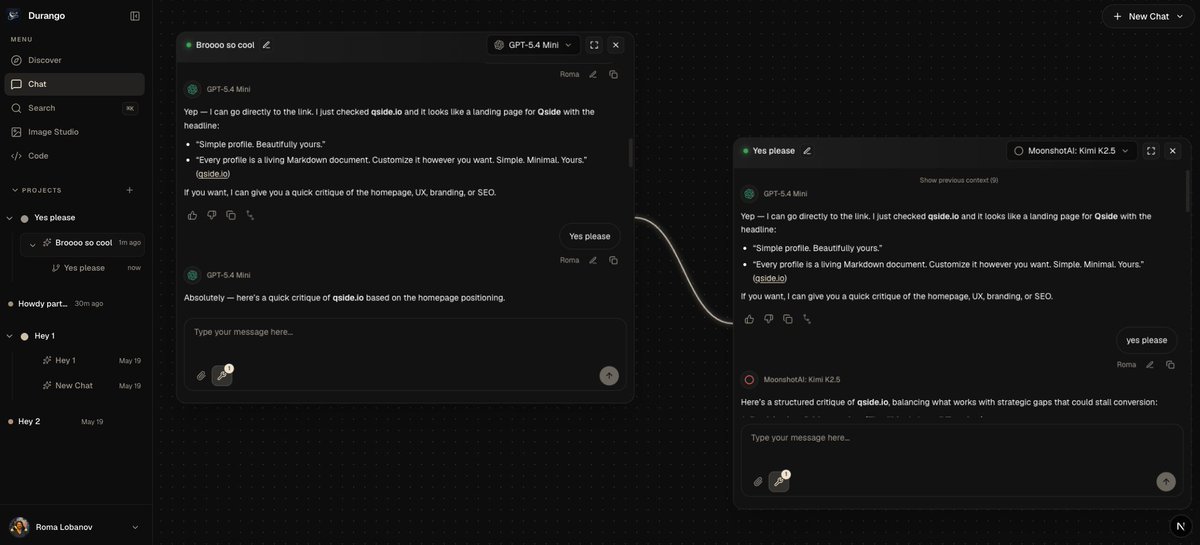 durangocode's tweet photo. Canvas view on Durango Chat is seriously underreated. 

You can easily branch out and ask the same question to different models. Compare results in one single view.

It's extremely powerful for brainstorming ideas. https://t.co/udgwyU5Htp