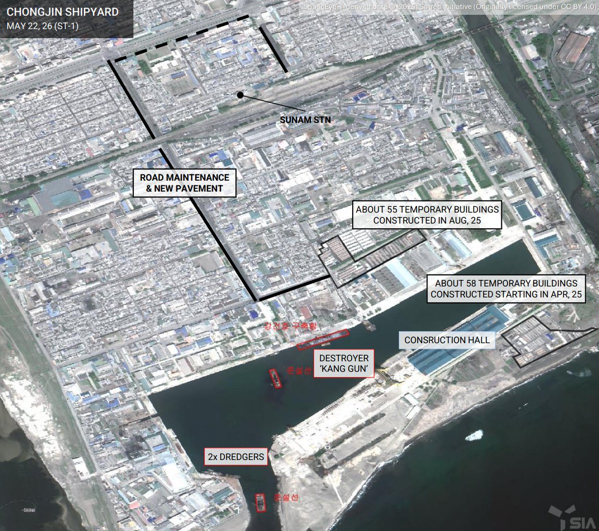 SIAnalytics_AI's tweet photo. GEOINT: DPRK destroyer Kang Gun (Hull 52) armament overhaul near complete — 24 med VLS + 40 sm VLS installed, AK-630 removed. KJU ordered hypersonic VLS to replace guns on 5,000t+ hulls; Hull 3+ goes hypersonic. KJU inspection imminent.

📄 https://t.co/yFN6t8UGow

#IMINT #GEOINT https://t.co/Q6ynYNFEv7