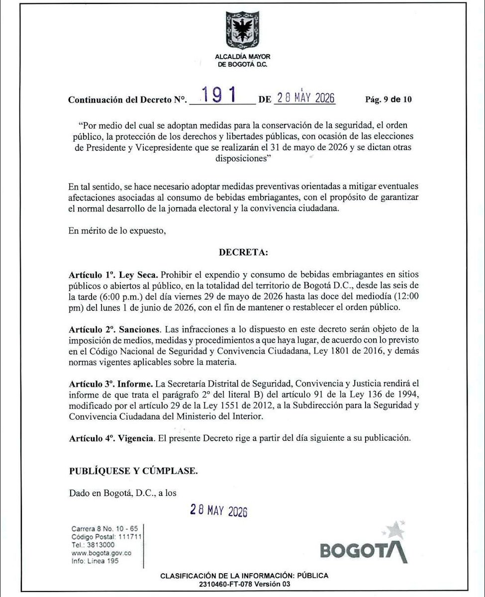 BluRadioCo's tweet photo. #Atención En Bogotá, la ley seca por las elecciones presidenciales regirá desde las 6:00 p.m. de este viernes 29 de mayo hasta el mediodía del lunes 1 de junio. #VocesySonidos https://t.co/GpldxshJ96