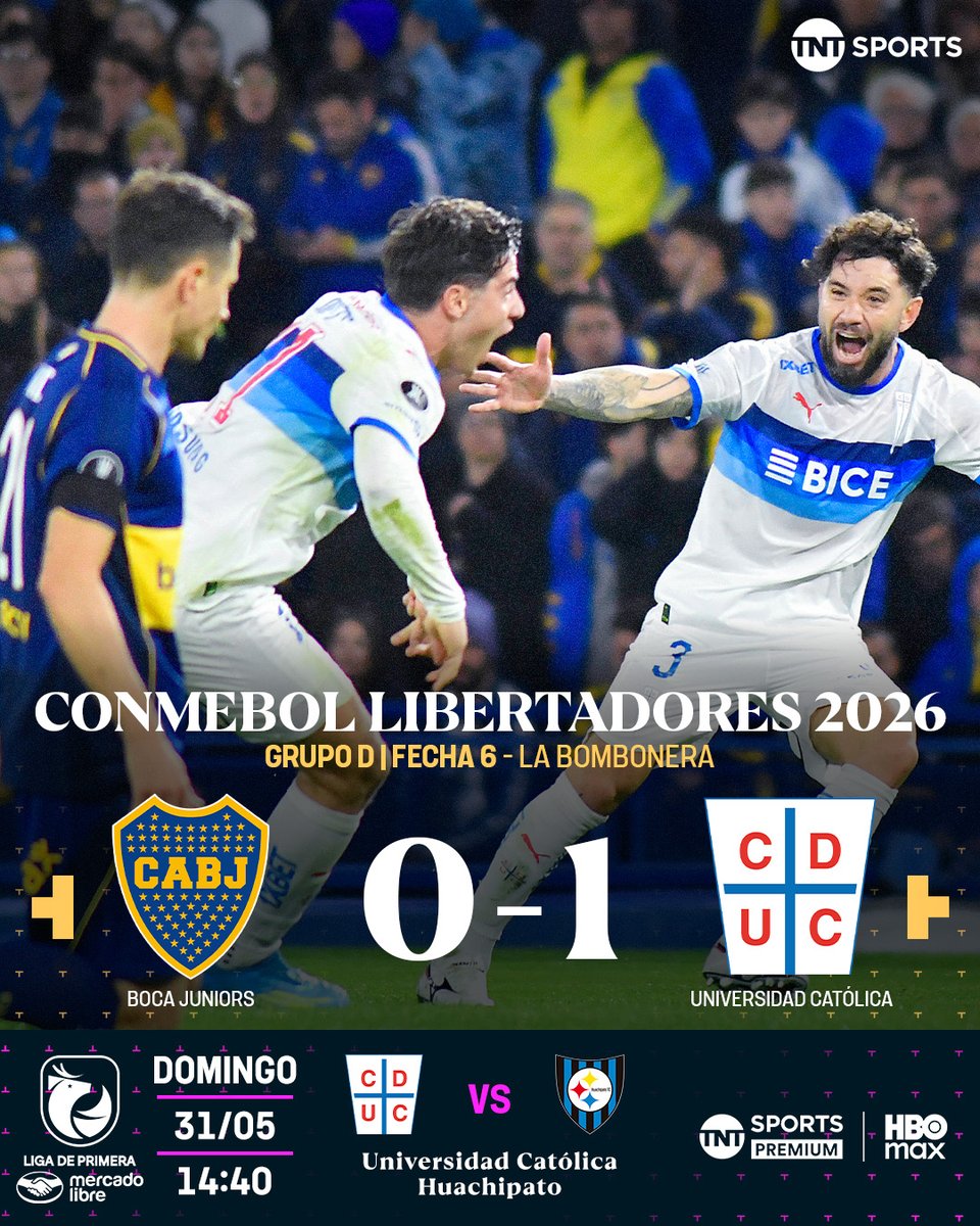 TNTSportsCL's tweet photo. 🤩🤍💙🏆 ¡OTRA HAZAÑA HISTÓRICA DE LA UC COPERA!

#LosCruzados se convirtieron en el primer equipo chileno en ganar en La Bombonera, tras imponerse a Boca Juniors con un golazo de Clemente Montes, y avanzaron a octavos de final de la CONMEBOL #Libertadores.

El equipo de Daniel Garnero quedó primero en el Grupo D con 13 puntos y se ubicó entre los 16 mejores del torneo más importante a nivel de clubes en el continente, donde este viernes 29 de mayo conocerá a su rival en dicha ronda.