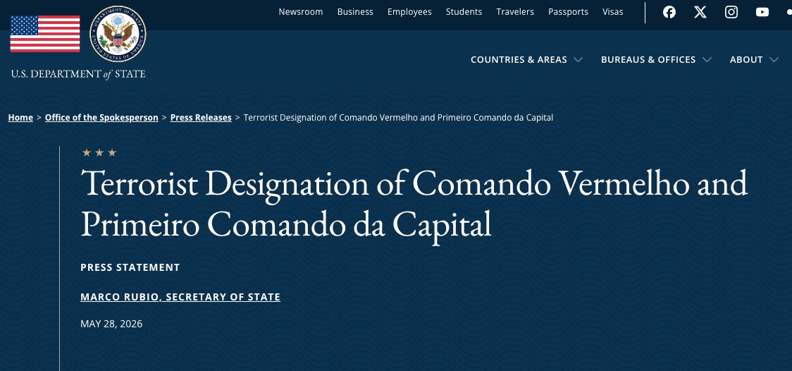 MaxiAparecido's tweet photo. BOMBA: ESTADOS UNIDOS DECLARAM GUERRA AO CV E PCC! O Departamento de Estado americano, sob o comando do Secretário Marco Rubio (governo Trump), acaba de classificar o Comando Vermelho (CV) e o Primeiro Comando da Capital (PCC) oficialmente como Organizações Terroristas Global. https://t.co/Np8TpywELA