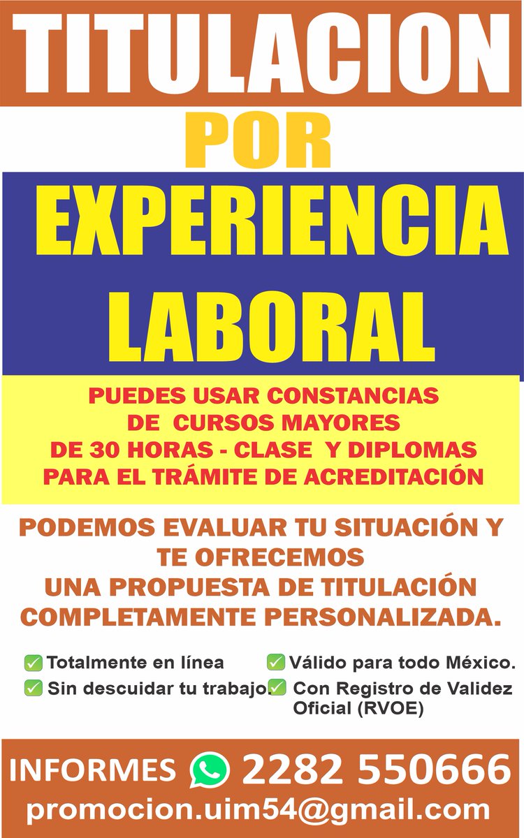 elcpapo's tweet photo. TITULATE CON NOSOTROS

𝗗𝗘𝗣𝗔𝗥𝗧𝗔𝗠𝗘𝗡𝗧𝗢 𝗗𝗘 𝗜𝗡𝗙𝗢𝗥𝗠𝗘𝗦:
WHASTAPP 𝟮𝟮𝟴𝟮𝟱𝟱𝟬𝟲𝟲𝟲 • correo 𝗽𝗿𝗼𝗺𝗼𝗰𝗶𝗼𝗻.𝘂𝗶𝗺𝟱𝟰@𝗴𝗺𝗮𝗶𝗹.𝗰𝗼𝗺
Le atenderán de lunes a viernes de 9:00 a 16:00 hrs.

👉 https://t.co/7zSKXQWAzu https://t.co/WpNH0NbNbC