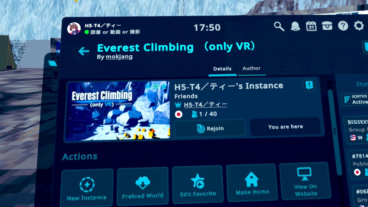 H5T42's tweet photo. ──#VRC苦行部 研修の時間だ...

『Everest Climbing （only VR）』

独特の移動システムで挑む極地登山。腕を振る必要があるのでVR必須。Quest単機で問題なく登頂可能。

総距離は短く（45-60min）
途中チェックポイントもあるため難易度は低め。
フィジカル苦行の入門に✨
#Quest散歩 
#VRChat️️ https://t.co/otbhz72xAH