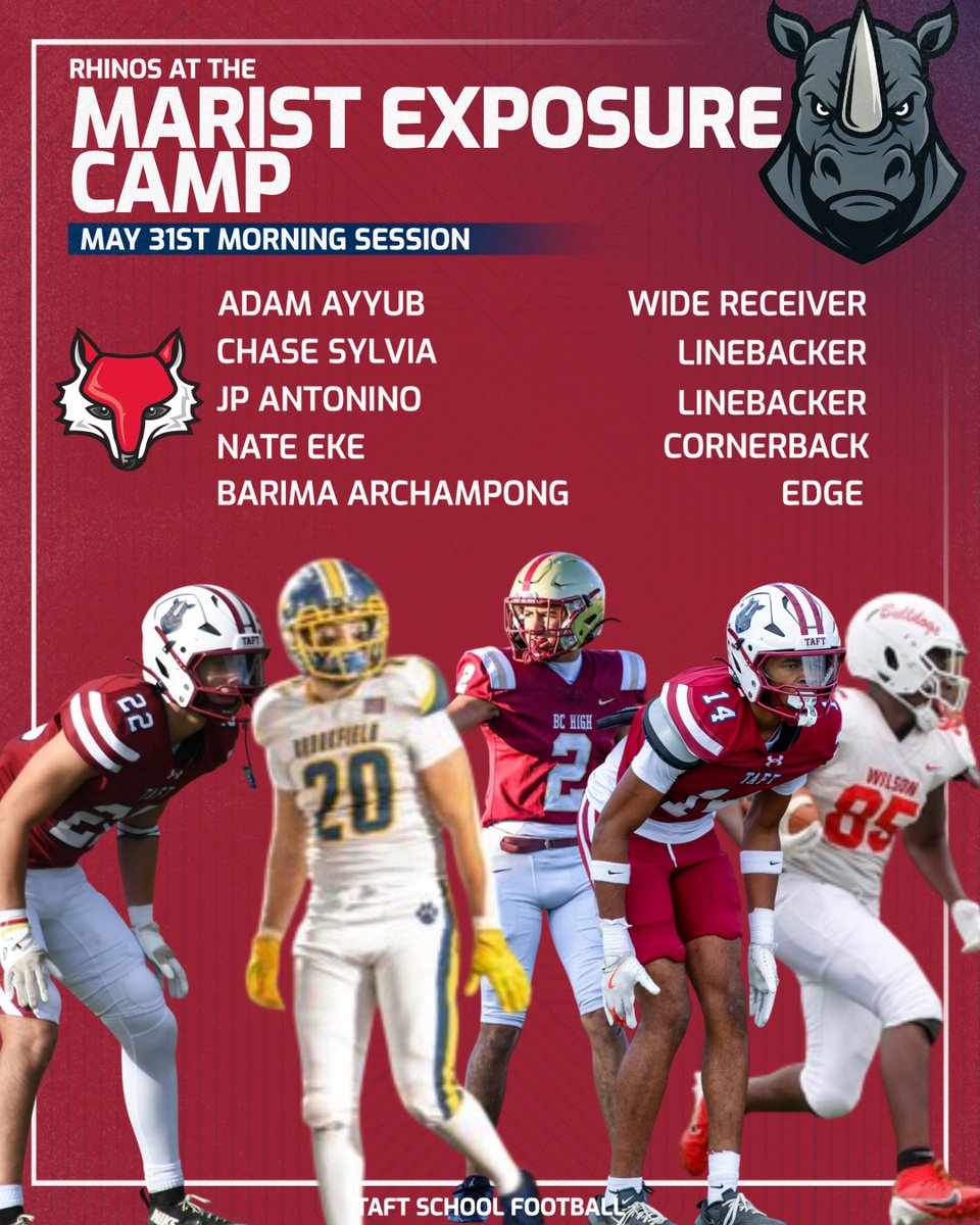 TaftFootballCT's tweet photo. Fired up to kick off the camp season @Marist_Fball Thank you @TheCoachHo 🦏🆙

@jp_antonino @ChaseSylvia22 @adamayyub5 @Nathaneke2027 @BarimaArcham 

@CoachW_Edwards @Coach_Butler_ @SSmith_II  @coach_dees @CoachBracken @MicFein @Coach_Wils @CoachCuevas78 https://t.co/AlO0RLEjjR