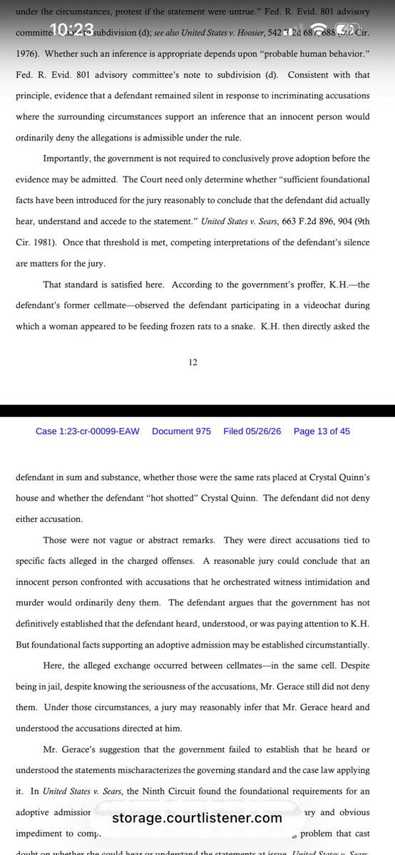 MobBuffalo's tweet photo. 1/2. Peter Gerace’s cell mate saw Gerace watching a video of a woman feeding rats to a snake and asked if they were the same rats left on Quinn’s car. According to govt.Peter didn’t respond with denial and this can be considered a tacit admission of guilt. https://t.co/xq1UsmxBq2