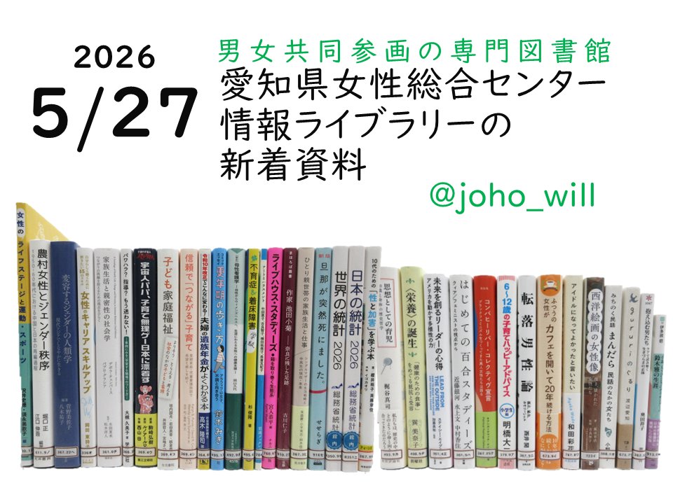 Joho_will's tweet photo. 【新着資料】5/27に新着図書が入りました！

『ひとり親世帯の家族生活と仕事』
『転落男性論』
『農村女性とジェンダー秩序』
『10代のための「性と加害」を学ぶ本』
『抱え込む男たち』

※新着資料一覧へのリンクは下のツリーをご覧ください https://t.co/uhLwmujEcb