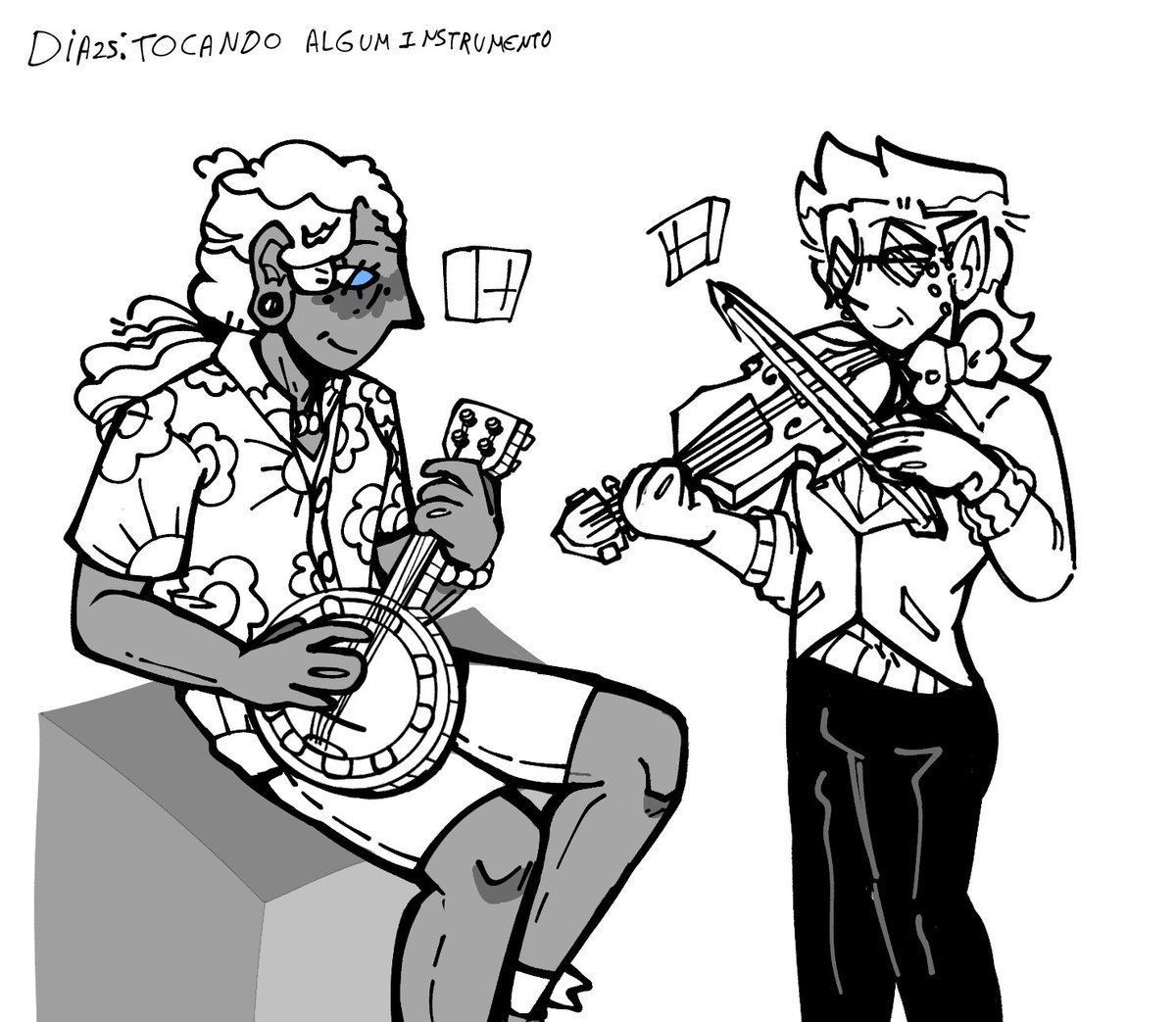 Taf240_'s tweet photo. Dia 25: Tocando algum instrumento // Quando eu fui fazer esse desenho, a minha mente simplesmente tinha deletado que o Prismo toca um banjo e não um ukelele, não sei o porquê eu achava isso até eu rever o clipe que ele aparece tocando com um banjo https://t.co/Bx7B68Qz12