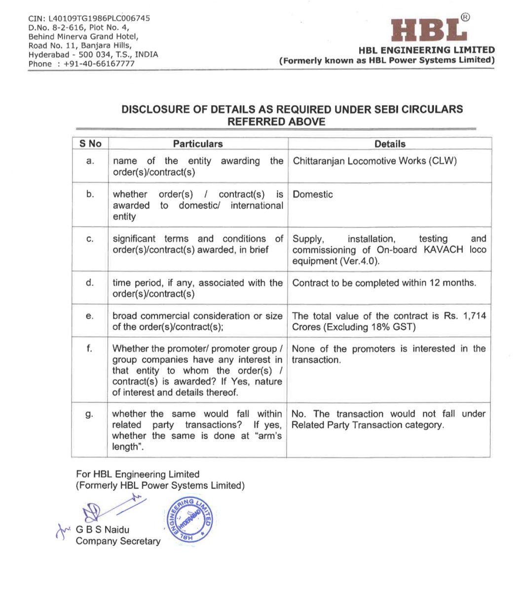 Be_and_Make's tweet photo. 🔰 Big Order update🏆

🔷Chittaranjan Locomotive Works (CLW) has issued Letter of Acceptance to #HBLEngineering for Supply, installation, testing and commissioning of On-board KAVACH Loco equipment (Ver.4.0) worth Rs.1,714 Crores (Excluding 18% GST).

#HBLEngg
#Kavach
#HBL https://t.co/iK269u9o24