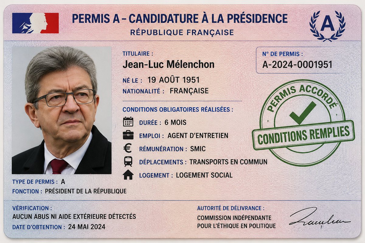 PgmMarco's tweet photo. Il faut changer le système des élections présidentielles.

On devrait instaurer un "permis de candidater". Sans quoi il serait impossible de se présenter aux élections.

Pour l'obtenir, tu dois travailler pendant 6 mois dans un métier payé au SMIC avec gèle de tous tes comptes. Il faudra trouver un travail, un logement et se déplacer en transport public.

Une fois que tu as fait ça et qu'il a été vérifié qu'il n'y a pas eu d'abus ni d'aide extérieur, tu obtiens ton permis et tu as le droit de te présenter à l'élection.

Il y aurait d'autres permis moins exigeants pour "candidater" à des postes moins important.

Exemple :
- Permis A pour président
- Permis B député/sénateur
- Permis C maire d'une ville de plus de 20.000 habitants

Avec ce système on a 2 avantages :
1_ Les candidats qui se présentent seront vraiment motivés à aider le peuple. C'est pas facile pour des gens habituer au luxe de se retrouver sans sou.
2_ ils comprendront vraiment la réalité et les problèmes de la population. Pas de TOUS les problèmes, mais au moins une partie

Bien sûr, y a des choses à revoir/améliorer pour que ce système fonctionne. Mais sur le papier, je pense que ça ne pourrait qu'être bénéfique de mettre en place un  permis
