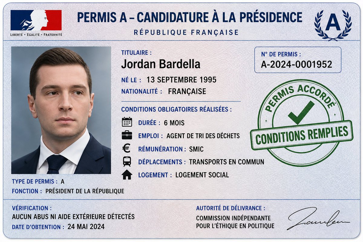 PgmMarco's tweet photo. Il faut changer le système des élections présidentielles.

On devrait instaurer un "permis de candidater". Sans quoi il serait impossible de se présenter aux élections.

Pour l'obtenir, tu dois travailler pendant 6 mois dans un métier payé au SMIC avec gèle de tous tes comptes. Il faudra trouver un travail, un logement et se déplacer en transport public.

Une fois que tu as fait ça et qu'il a été vérifié qu'il n'y a pas eu d'abus ni d'aide extérieur, tu obtiens ton permis et tu as le droit de te présenter à l'élection.

Il y aurait d'autres permis moins exigeants pour "candidater" à des postes moins important.

Exemple :
- Permis A pour président
- Permis B député/sénateur
- Permis C maire d'une ville de plus de 20.000 habitants

Avec ce système on a 2 avantages :
1_ Les candidats qui se présentent seront vraiment motivés à aider le peuple. C'est pas facile pour des gens habituer au luxe de se retrouver sans sou.
2_ ils comprendront vraiment la réalité et les problèmes de la population. Pas de TOUS les problèmes, mais au moins une partie

Bien sûr, y a des choses à revoir/améliorer pour que ce système fonctionne. Mais sur le papier, je pense que ça ne pourrait qu'être bénéfique de mettre en place un  permis