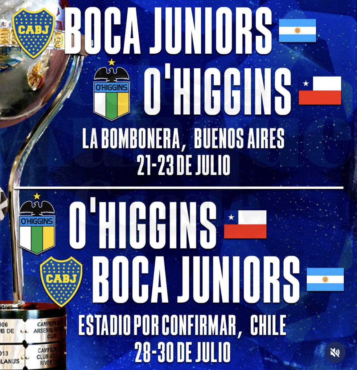 Labocatw's tweet photo. URGENTE: RIVAL SUDAMERICANA 

#Boca se enfrentará a #Ohiggins en los playoffs de la Conmebol Sudamericana 

El primer partido será en la bombonera y la vuelta será en el país trasandino. https://t.co/T5K4r039gG