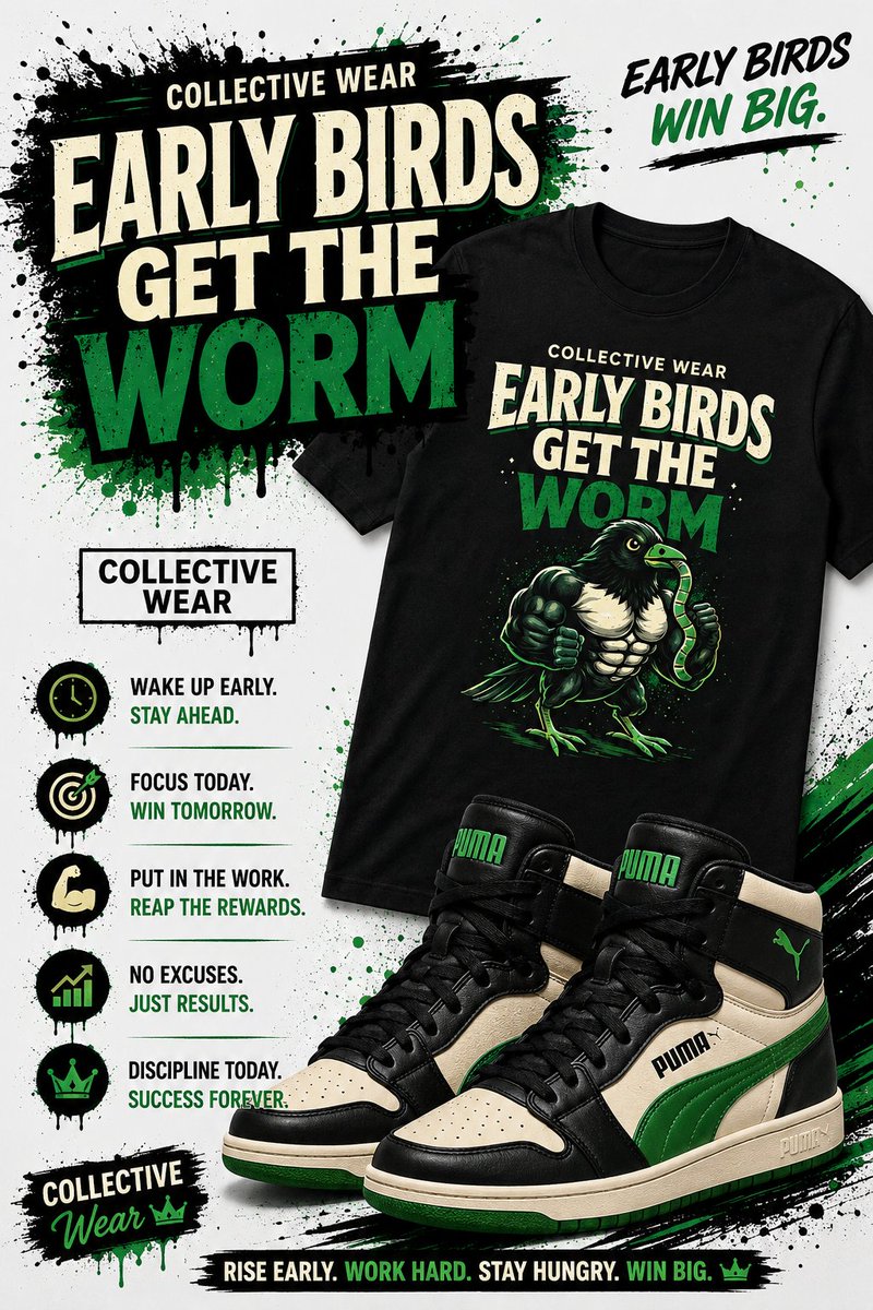 TeamCollective's tweet photo. Early birds don’t sleep on greatness—they chase it 💚🔥
Built for hustlers, grinders, and creators who stay hungry and move first.
Shop now 👉 https://t.co/aOBvhF8kLN⁠
#rah1 #collectivewear #EARLYBIRDGETTHEWORM https://t.co/gsmCqwLDsA