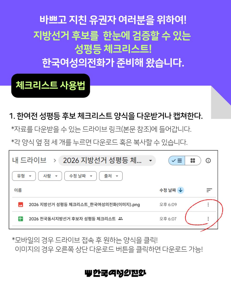 kwhotline's tweet photo. ㅁ 체크리스트 활용 방법

1. 한국여성의전화에서 배포한 체크리스트를 확인한다.
- 위 링크 접속 > 스프레드시트 복사 혹은 이미지 다운로드

2. 집에 도착한 공보물, 제9회 전국동시지방선거 안내 페이지 등을 통해 우리 지역의 후보 리스트와 공약을 확인한다.
- 제9회 전국동시지방선거 홈페이지 : https://t.co/tR3AXdMNLk
- 후보자 : 시장·도지사 등 광역자치단체장, 구청장 등 기초자치단체장, 광역의회의원, 기초의회의원, 교육감, 일부 지역 재보궐 국회의원

3. 살펴보려는 후보자가 체크리스트의 문항에 해당할 경우 체크한다.

4. 체크 완료 후 어떤 후보자에게 투표할지 정한다! 체크가 많을수록 성평등에 가까운 후보자!