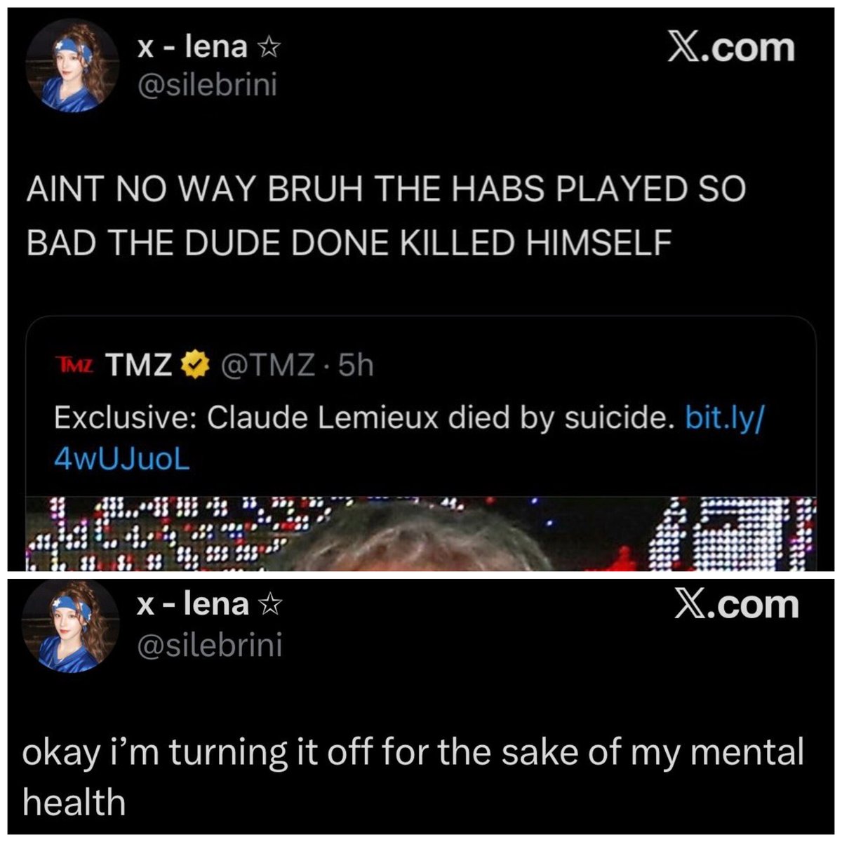 Nealerrr's tweet photo. Makes fun of Claude Lemieux who died due to mental health struggles.

Turns off comments, changes their name and goes private "for the sake of my mental health".

Never, ever be a silebrini. Meant to comment on this hours ago but feed refreshed, and couldn't find it again. https://t.co/7hjQjq3s2k