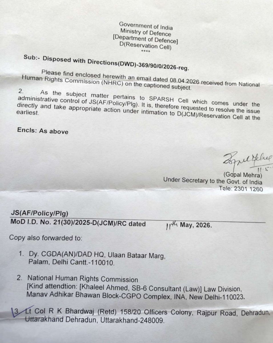 RajKuma35152604's tweet photo. 🔥 QUOTE TO DAY 154: PCDA(P) IS THE PENSION SANCTIONING AUTHORITY — WHY ARE THEY SHIFTING THEIR OWN MISTAKES ONTO AGED VETERANS?
SERVICE HQs & CHIEFS STILL SILENT DESPITE CAG AUDIT & NHRC DIRECTIONS

#SPARSHFailsVeterans Campaign 
(👁️ 50, 379 Views)
https://t.co/v7owLXiDaZ

LATEST DEVELOPMENTS  – The unending evasion cycle: 

▪️RTI MODEF/R/E/26/07865 (filed 15 May 26 with MoD/FADS)
  → Transferred to Sh Ajit Prakash, CPIO (AFA-DAD) on 18 May 26
  → Further transferred to CGDA under new registration CGDFA/R/T/26/00344 on 20 May 26 
▪️RTI DMAND/R/E/26/06906 (filed 10 Apr 26 with Dept of Military Affairs)
  → Transferred to DESW as DEXSW/R/T/26/00442 on 16 Apr 26
  → After keeping for 34 days, DESW transferred it back to DMA as DMAND/R/T/26/09001 on 20 May 26 
▪️The same RTI was also forwarded by DMA on 16 Apr 26 to four Service CPIOs:
  → Army: Brig JM Sharma
  → Navy: Cdr Anil Kumar
  → Air Force: P K Jha
  → Director Pers (DMA): Dharmendra Kumar
NONE HAVE RESPONDED

📌 PCDA (P) IS THE PENSION SANCTIONING AUTHORITY(PSA)

PCDA(P) Prayagraj holds all Records from the Day of Retirement till date — Original PPOs, 2017 ePPOs, Corr PPOs & LPC-cum-Data Sheets. 
These very Records were forwarded to Pensions Paying Banks (PDAs) for revision of Pension, before migration to SPARSH.  
It is not understood why the Service HQs & Service Chiefs ACCEPTED THE LOGIC OF PCDA(P) forcing aged, non-tech-savvy, less-educated, remote-area pensioners (70–95+ years) & martyr widows to correct the blank & wrong data SELF CREATED BY DAD DURING MIGRATION?

OUR CORE DEMANDS REMAIN UNADDRESSED: 

▪️CGDA/ PCDA(P) must immediately undertake BULK UPDATION & CORRECTION OF BLANK/WRONG LEGACY DATA THEMSELVES USING RECORDS ALREADY HELD WITH THEM (2017 ePPOs / Old PPOs / Corr PPOs) — instead of burdening aged, non-tech-savvy, rural ESM & martyr widows. 
▪️Grant temporary option to revert to bank disbursement for all pensioners above 70 years of age & family pensioners till SPARSH system is fully stabilised.

📢  WE ARE GRATEFUL TO NATIONAL CONSTITUTIONAL & STATUTORY BODIES THAT TOOK COGNIZANCE OF SPARSH CRISIS -

▪️Hon’ble CAG has already ordered suo moto Audit of SPARSH vide their letter No. 575/31-Defence/2025 dated 11 Dec 25.
▪️Hon’ble NHRC has registered Case No. 369/90/0/2026 and directed Defence Secretary on 08 Apr 26 by Disposed with Directions, to take appropriate action within 8 weeks. 

🎖️ MOST HUMBLE APPEAL TO OUR SERVICE CHIEFS:
Gen Anil Chauhan – #CDS
Gen Upendra Dwivedi – #COAS
Admiral Dinesh K Tripathi – #CNS
Air Chief Marshal AP Singh – #CAS  

▪️Sirs, During service we served under your command. Today, as Chiefs, we look towards you for the welfare of your own Ex-Servicemen in their last phase of life.  IT IS STILL NOT TOO LATE. 
▪️Kindly take a UNITED STAND AND APPRISE Hon’ble Prime Minister Sh Narendra Modi Ji & Defence Minister Sh Rajnath Singh Ji to direct - 
#DefenceSecretary Sh Rajesh Kumar Singh to instruct #FADS Sh Vishvajit Sahay and #CGDA Sh Anugraha Narayana Das to UNDERTAKE THE RESPONSIBILITY of UPDATING THE BLANK & WRONG DATA THEMSELVES, sparing the senior & super-senior Ex-Servicemen & Family Pensioners.

🌐 REQUEST TO THE 4TH PILLAR

We respectfully request the MEDIA to recognise the sacrifices of our National Heroes & HIGHLIGHT THE PLIGHT OF AGED VETERANS & WIDOWS.

@narendramodi @rajnathsingh
@IndiaCAG 
@India_NHRC
@SpokespersonMoD 
#DefenceSecretary 
#FADS
@DefenceAccounts 
@PcdaPensions
@HQ_IDS_India 
#GeneralAnilChauhan #CDS
@adgpi 
#GeneralUpendraDwivedi #COAS
@indiannavy 
#AdmiralDineshKTripathi #CNS
@IAF_MCC
#AirChiefMarshalAPSingh #CAS
@Vedmalik1 @arunp2810
@kayjay34350 @Ptr6Vb
@rakesharma15 @KatochPrakash
@ragarwal @ColTekpal @RDXThinksThat @amitabhafirst @kkhushal9 @Ravindra_Fouji
@PIB_India @PTI_News
@IndianExpress @the_hindu
@timesofindia @htTweets
@thetribunechd
@BDUTT @ravish_journo
@ashutosh83B 
@anjanaomkashyap @rahulkanwal @shreyadhoundial @gauravcsawant 
@RTArnabOfficial