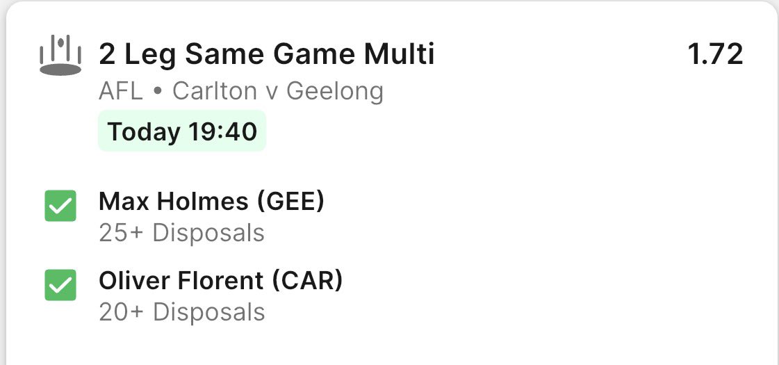 NumberNuffy's tweet photo. 2.25 Units

AFL
Blues vs Cats
SGM
@ $1.72
TAB https://t.co/AEb6PJzZFR