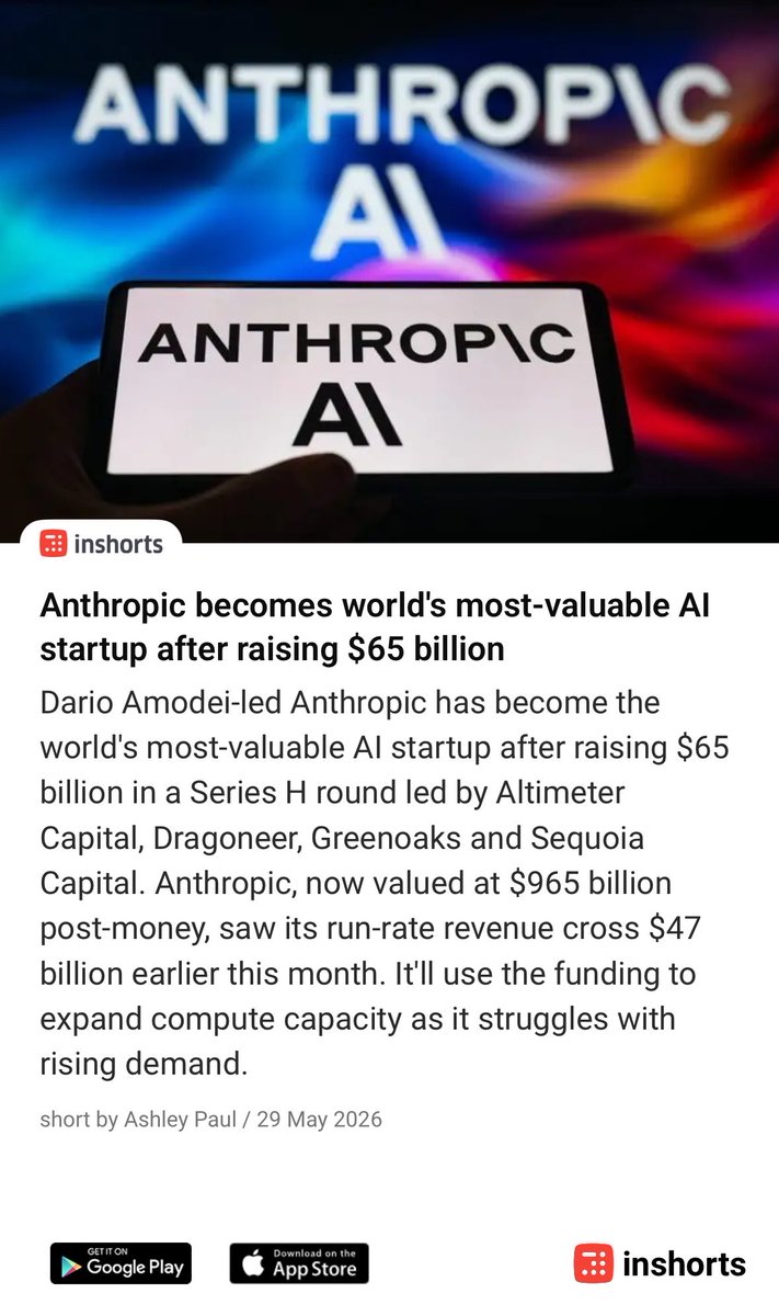 timothydkhar's tweet photo. Anthropic becomes world's most-valuable AI startup after raising $65 billion
https://t.co/gTyVPXs5Zc
 -via inshorts https://t.co/s4bFZTgNM8