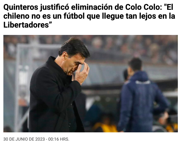 MatiasYev's tweet photo. Así justificaba Gustavo Quinteros su fracaso consecutivo en la Libertadores 2022 y 2023, su discurso de mediocridad se amparaba en que los equipos chilenos nunca llegaban lejos.

Jamás dejen que alguien les diga una wea así, el fútbol chileno puede competir afuera... https://t.co/gT1fvJ2AxK